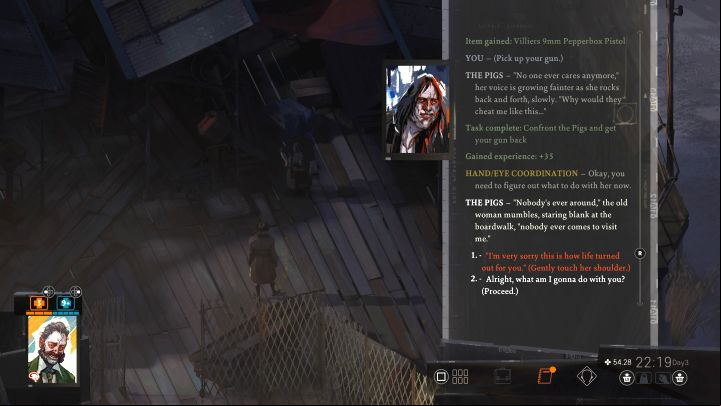 In the final part of the encounter (after completing the quest), you can additionally search Pigs - this will give you a headdress and there is a chance to get her drugs (if you have completed the Perception skill check earlier) - Disco Elysium: Confront the Pigs and get your gun back - walkthrough - Personal - Disco Elysium Guide