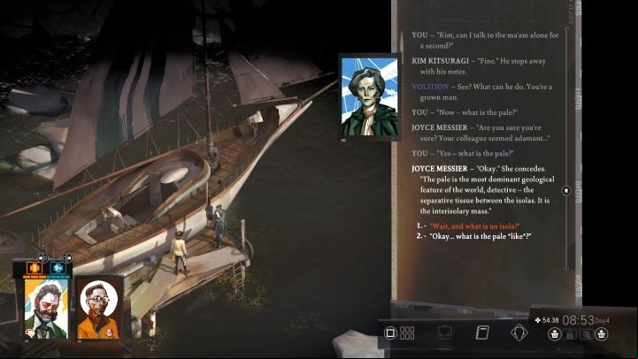 Once you are alone, you can bring up the issue of the Pale again - Disco Elysium: Talk to Joyce about the Pale without Kim - walkthrough - Identity - Disco Elysium Guide