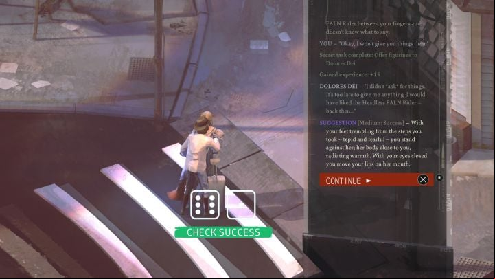 After completing the task, you can let Dolores go or optionally take a Suggestion skill check - ing it will allow you to kiss Dolores - Disco Elysium: Offer figurines to Dolores Dei - walkthrough - Other - Disco Elysium Guide