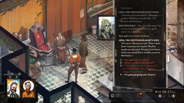 The task in question can be initiated during the conversation with Lena - a woman in a wheelchair found on the ground floor of the Whirling-in-Rags hotel - Disco Elysium: Get a reality lowdown - walkthrough - Identity - Disco Elysium Guide