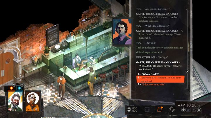 In this task, Garte (cafe manager at Whirling-In-Rags) must be paid for the damage done in the hotel room - Disco Elysium: Pay for damages - walkthrough - Personal - Disco Elysium Guide