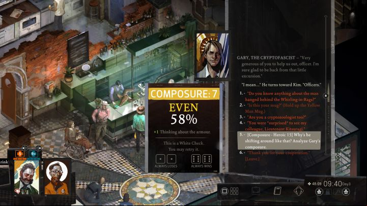 If you ed the check during the conversation, you can choose the heroic Composure skill check - if you want to get a reward, its result must be positive, so it's worth saving your progress in advance and reloading the conversation if necessary - Disco Elysium: Who put the clothes in the trash? - walkthrough - Other - Disco Elysium Guide