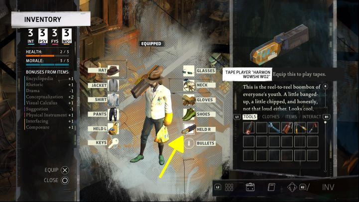 The tape player is among the items in your inventory window - equip it in one of your character's hands - Disco Elysium: Sing karaoke - walkthrough - Other - Disco Elysium Guide