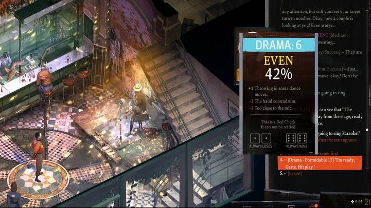 Arrive at the bar after 7 pm and interact with the microphone, but don't check if it works (risk of increased stress levels) - Disco Elysium: Sing karaoke - walkthrough - Other - Disco Elysium Guide