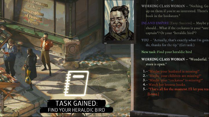 You will receive the task from a working-class woman who stands in front of the bookstore building - you need to talk to her and exhaust all dialogue options - Disco Elysium: Find your heraldic bird - walkthrough - Identity - Disco Elysium Guide