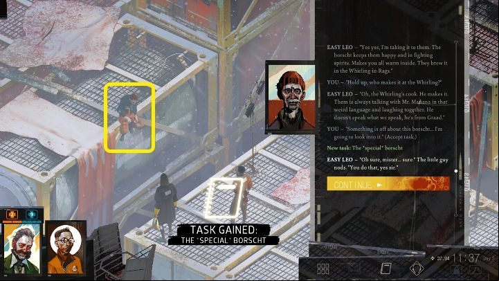 You can receive the quest from Easy Leo - the man sitting right next to the entrance of the Union's chief's container - Disco Elysium: The special borscht - walkthrough - Union - Disco Elysium Guide