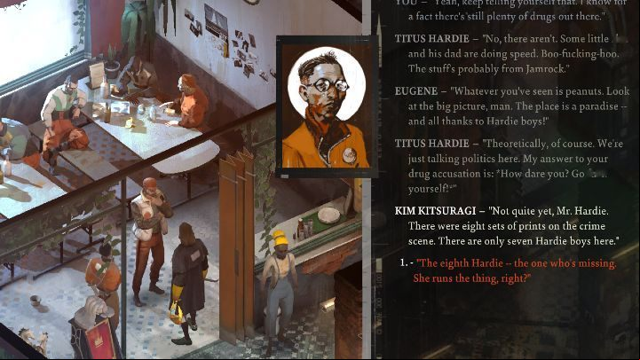 Go to the Whirling-In-Rags hotel and confront Titus - Disco Elysium: Confront Hardie boys about drug trade - walkthrough - Union - Disco Elysium Guide
