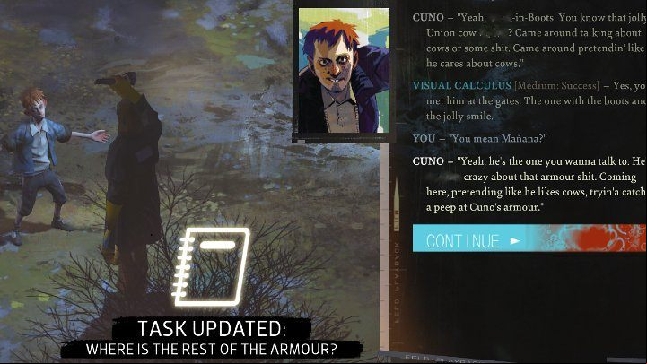 In the first place, you should talk to Cuno - a kid who has been throwing rocks at the hanged man from the very start - Disco Elysium: Where is the rest of the armour - walkthrough - Equipment - Disco Elysium Guide