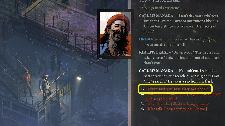 Find the Call Me Manana NPC and ask him for the key to the apartment - Disco Elysium: Open apartment door for Evrart - walkthrough - Evrart Tasks - Disco Elysium Guide