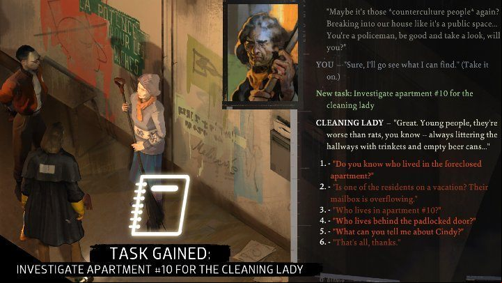 The quest can be started after examining the door of room #10, when you ask the cleaning lady who lives there: Who lives in apartment #10 - Disco Elysium: Investigate apartment 10 for the cleaning lady - walkthrough - Other - Disco Elysium Guide