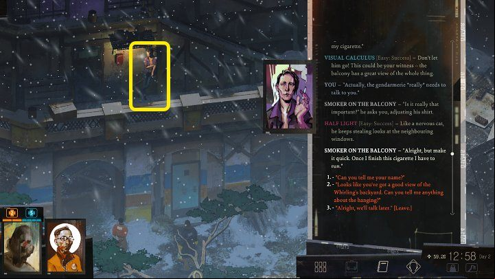 Reach the balcony and talk to the smoker found there - Disco Elysium: The smoker on the balcony - walkthrough - Body identification - Disco Elysium Guide