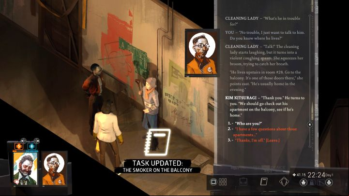 After finding yourself inside the apartment building, you'll encounter an old woman sweeping the corridor - Disco Elysium: The smoker on the balcony - walkthrough - Body identification - Disco Elysium Guide