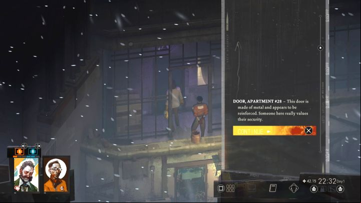 Enter the right balcony and reach the upper left door from the screenshot - this is apartment #28 - Disco Elysium: The smoker on the balcony - walkthrough - Body identification - Disco Elysium Guide