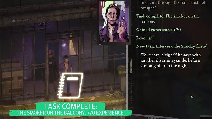 After knocking on the door, you won't receive an answer and according to Kim's suggestion, return to the apartment on one of the subsequent days after 9:00 pm - Disco Elysium: The smoker on the balcony - walkthrough - Body identification - Disco Elysium Guide