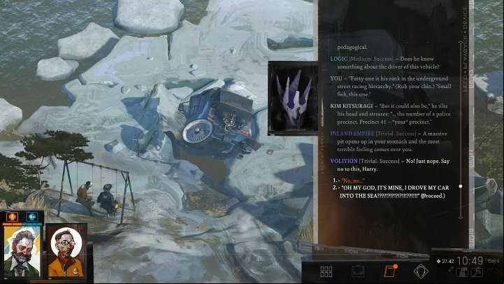 Sit on the nearby swings and wait for the low tide - Disco Elysium: Find the traffic hooligan - walkthrough - Identity - Disco Elysium Guide