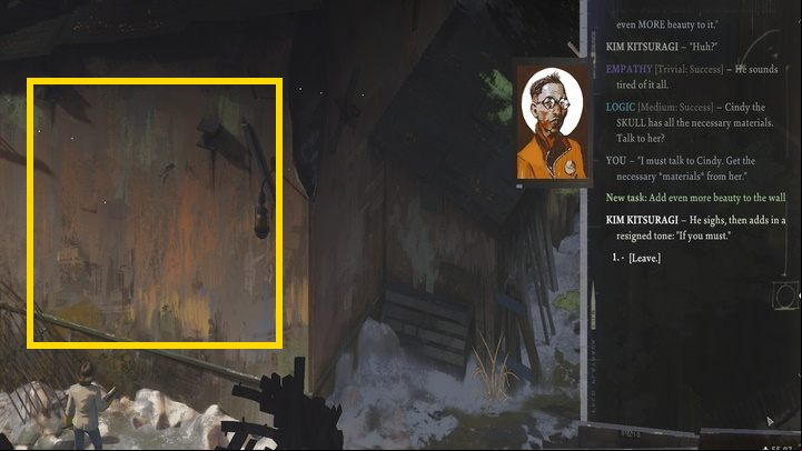 You will start the task by analyzing the blank wall above the coast (interaction object) with high Conceptualization (white skill check) - Disco Elysium: Add even more beauty to the wall - walkthrough - Other - Disco Elysium Guide