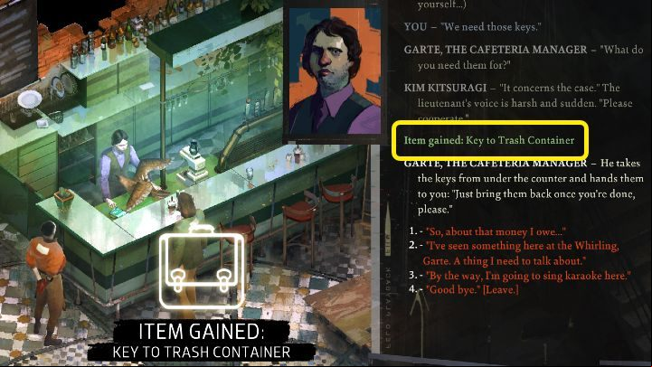 Getting the key is the easiest way to open the locked container at the back of the Whirling-In-Rags building - Disco Elysium: How to open trash container? - FAQ - Disco Elysium Guide