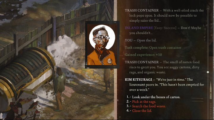 Inside the container, you will find the old clothes of the hanged man and two additional items - Disco Elysium: How to open trash container? - FAQ - Disco Elysium Guide