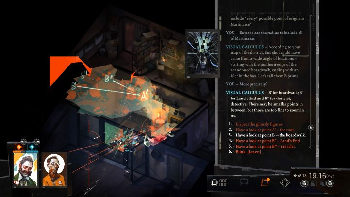 Winning the check unlocks the task in question and is a base for more detailed analysis - you'll learn of 3 potential locations from where the shot might have been fired - Disco Elysium: Determine where the shot came from - walkthrough - Ruby and the shooter - Disco Elysium Guide