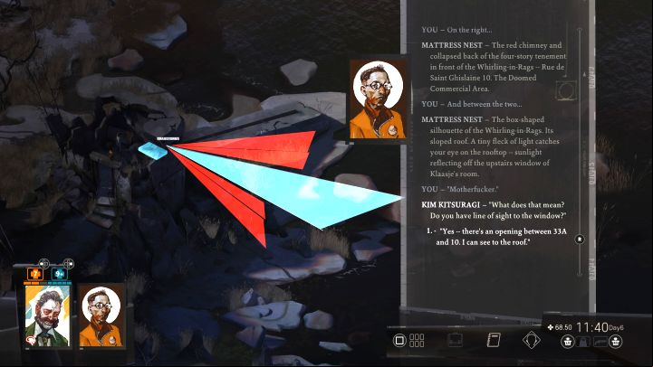 The party will examine this location and conclude that this is the spot from where the shot was fired - Disco Elysium: Determine where the shot came from - walkthrough - Ruby and the shooter - Disco Elysium Guide