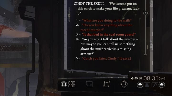 In the conversation with Cindy, broach the subject of the hanged man's missing armor - Disco Elysium: Find the armoured gloves - walkthrough - Equipment - Disco Elysium Guide