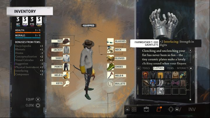 For finishing the task, you'll receive 30XP and Fairweather T-500 Gauntlets item - Disco Elysium: Find the armoured gloves - walkthrough - Equipment - Disco Elysium Guide