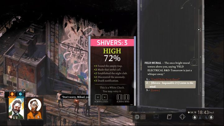 Your objective is to the Shivers skill check so that the protagonist can "consult the wind - Disco Elysium: Look for Ruby on the coast - walkthrough - Ruby and the shooter - Disco Elysium Guide