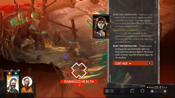 After entering the cave, Harry and Kim will meet Ruby and be trapped by the radio waves coming from a large compressor - Disco Elysium: Look for Ruby on the coast - walkthrough - Ruby and the shooter - Disco Elysium Guide