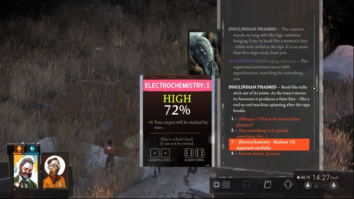 The Electro-Chemistry skill check is linked to approaching the phasmid without scaring it off - Disco Elysium: Inspect the phasmid - walkthrough - Ruby and the shooter - Disco Elysium Guide