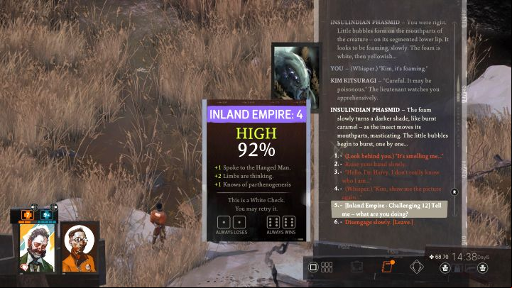 You can try to touch the insect and communicate with it - the latter interaction entails an Inland Empire skill check - Disco Elysium: Inspect the phasmid - walkthrough - Ruby and the shooter - Disco Elysium Guide