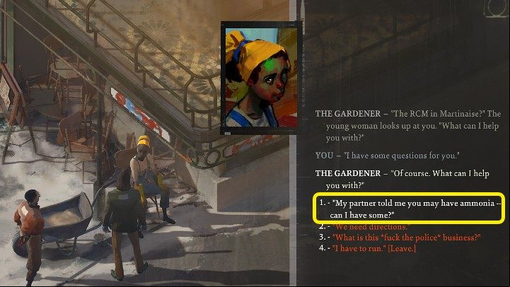 Approach the woman sitting near the Whirling-In-Rag Hotel and ask her for ammonia - select the dialogue option marked in the image above - Disco Elysium: How to pull down hanged body? - FAQ - Disco Elysium Guide
