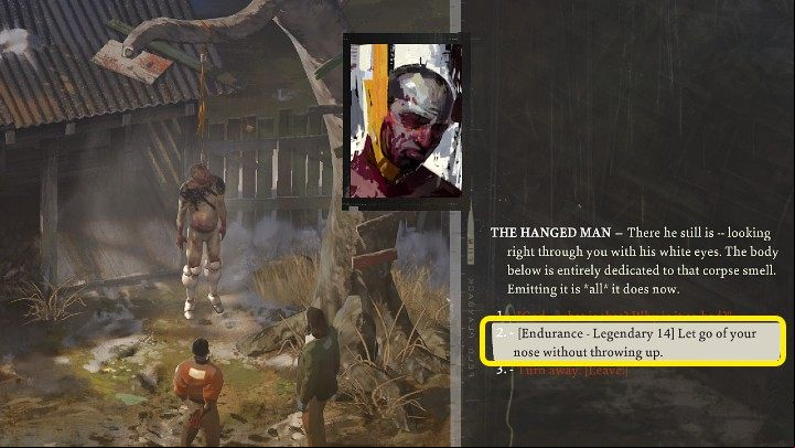 After getting the ammonia, go back to the hanged man and try to the Endurance skill check - Disco Elysium: How to pull down hanged body? - FAQ - Disco Elysium Guide