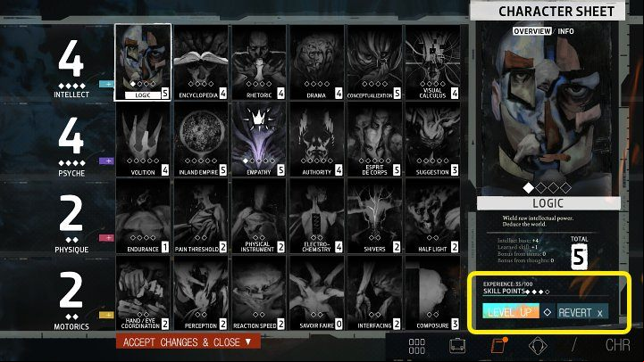 Increasing a character's skill level is the main way to spend earned Skill Points - Disco Elysium: Character Development - Basics - Disco Elysium Guide