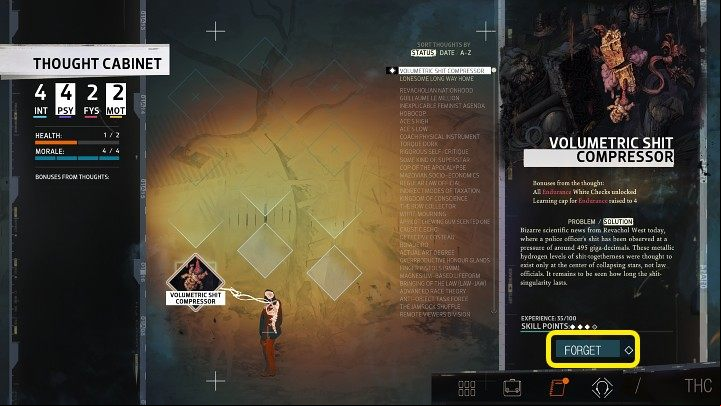 Once a thought is fully researched (reaches 100% progress), it is permanently equipped and can be deleted by clicking the Forget button, but this action has some consequences - Disco Elysium: Character Development - Basics - Disco Elysium Guide
