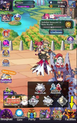 Facilities tab is located in the lower right corner of the screen - Disgaea RPG: Facilities - Basics - Disgaea RPG Guide