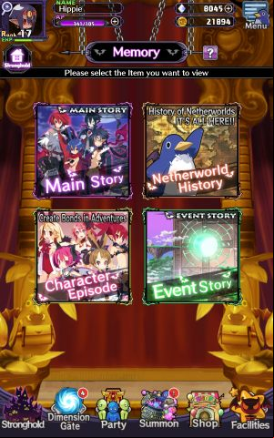 In Memory Shop you will find all the videos with dialogue sequences that you unlocked in the game from Main Story, Netherwold History or Events - Disgaea RPG: Facilities - Basics - Disgaea RPG Guide