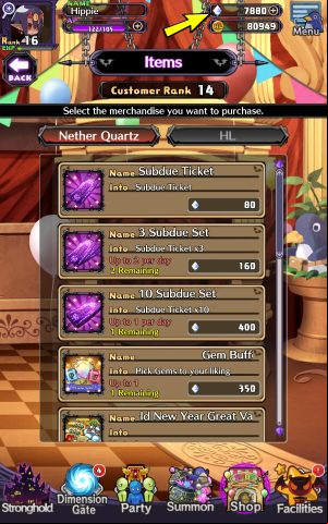In the tab Items - Nether Quartz, you will find items to buy with gems - Disgaea RPG: Shop - Basics - Disgaea RPG Guide