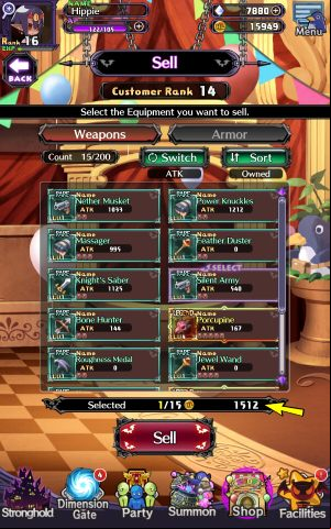 In the Sell tab, you will only sell pieces of your equipment - Disgaea RPG: Shop - Basics - Disgaea RPG Guide