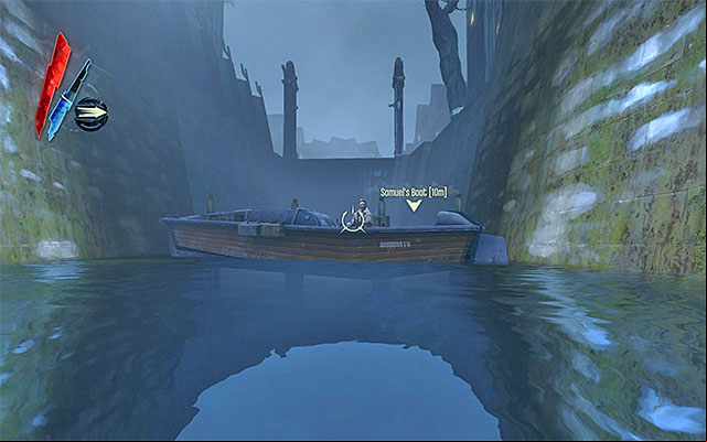 In order not to be seen by the tall boy, you need to dive, and then get to Samuel - Meeting with Samuel at his boat - Mission 5 - Lady Boyles Last Party - Dishonored - Game Guide and Walkthrough