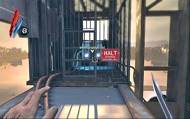Your destination now, is the cage shown in the above screenshot - Deactivating the drawbridge spotlights - Mission 4 - The Royal Physician - Dishonored - Game Guide and Walkthrough