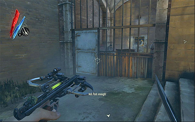 With the key that you have found in the storage room, at your disposal, you may now go outside for a moment and turn your attention to the enclosed area to the left of the building's main entrance (the above screenshot) - Meeting with the Bottle Street Gang leader - Mission 3 - House of Pleasure - Dishonored - Game Guide and Walkthrough