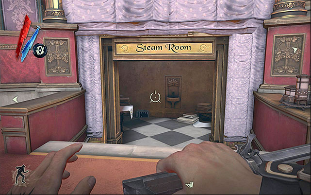 On the rims of the main area of the first floor there is a staircase leading down to the Steam Room - the above screenshot) - Exploring the Golden Cat club - Mission 3 - House of Pleasure - Dishonored - Game Guide and Walkthrough