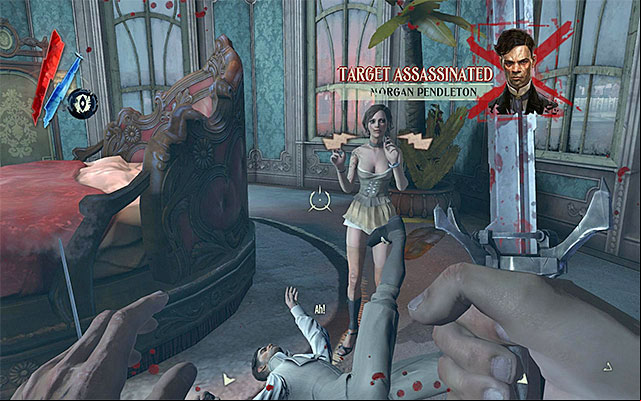 If you don't mind being violent, you may run into the room and deal a lethal blow to Morgan (the above screenshot) - Choosing how to eliminate the Pendelton Twins - Mission 3 - House of Pleasure - Dishonored - Game Guide and Walkthrough