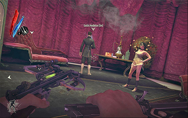 Custis is accompanied by a courtesan so you need to try and eliminate both of them by slowing down, or holding time and firing your crossbow (the pistol is too loud) - Choosing how to eliminate the Pendelton Twins - Mission 3 - House of Pleasure - Dishonored - Game Guide and Walkthrough