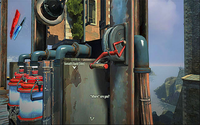 Once you reach the roof, put the tank down for a moment, and pull on another lever (the above screenshot), which will result in all three slots being exposed - Activating the arc pylon on the workshops roof - Mission 8 - The Loyalists - Dishonored - Game Guide and Walkthrough