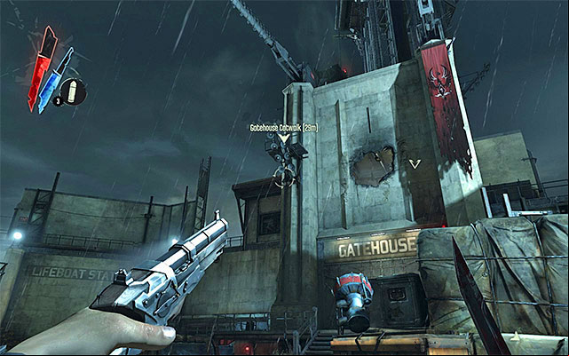 Variant two assumes accessing the gatehouse through a hole in the wall (the above screenshot) and its is only available with the high chaos rating - Gaining access into the gatehouse - Mission 9 - The Light at the End - Dishonored - Game Guide and Walkthrough