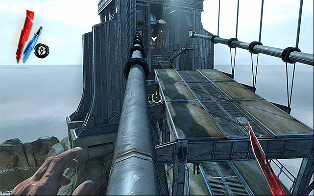 In my opinion, the best way to go around the arc pylon, is to climb using the structure's construction elements (the above screenshot) - Reaching the Lighthouse elevator - Mission 9 - The Light at the End - Dishonored - Game Guide and Walkthrough