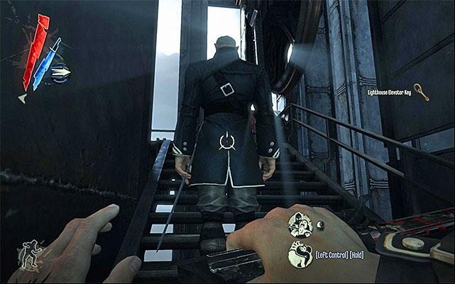 You need to watch out because there is one more enemy near the elevator - Reaching the Lighthouse elevator - Mission 9 - The Light at the End - Dishonored - Game Guide and Walkthrough