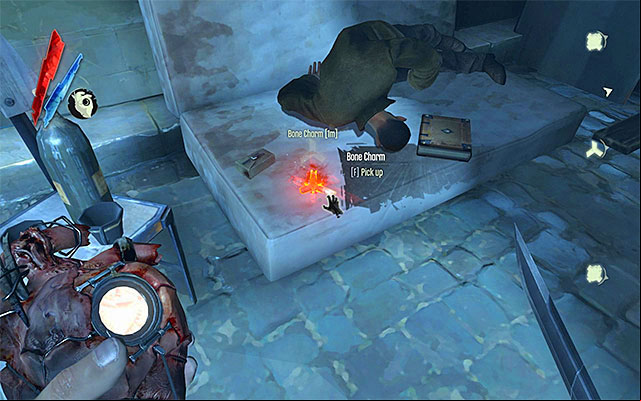 BONE CHARM 1/5 - The charm is to be found at the very end of the bridge near the first wall of light (the one that guards dump corpses from) - Bone Charms - locations - Collectibles - Dishonored - Game Guide and Walkthrough