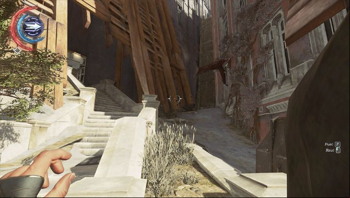 Use the stairs to continue in the direction of the outpost. - Get Overseer Byrnes body | Mission 6 - Mission 6 - Dust District - Dishonored 2 Game Guide